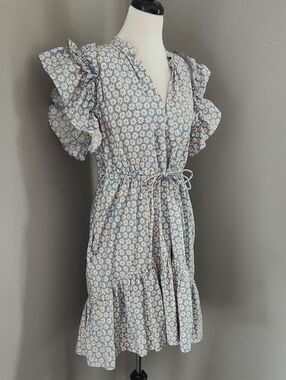 Tie-Waist Floral Midi Dress in Blue and Cream With Ruffled Sleeves